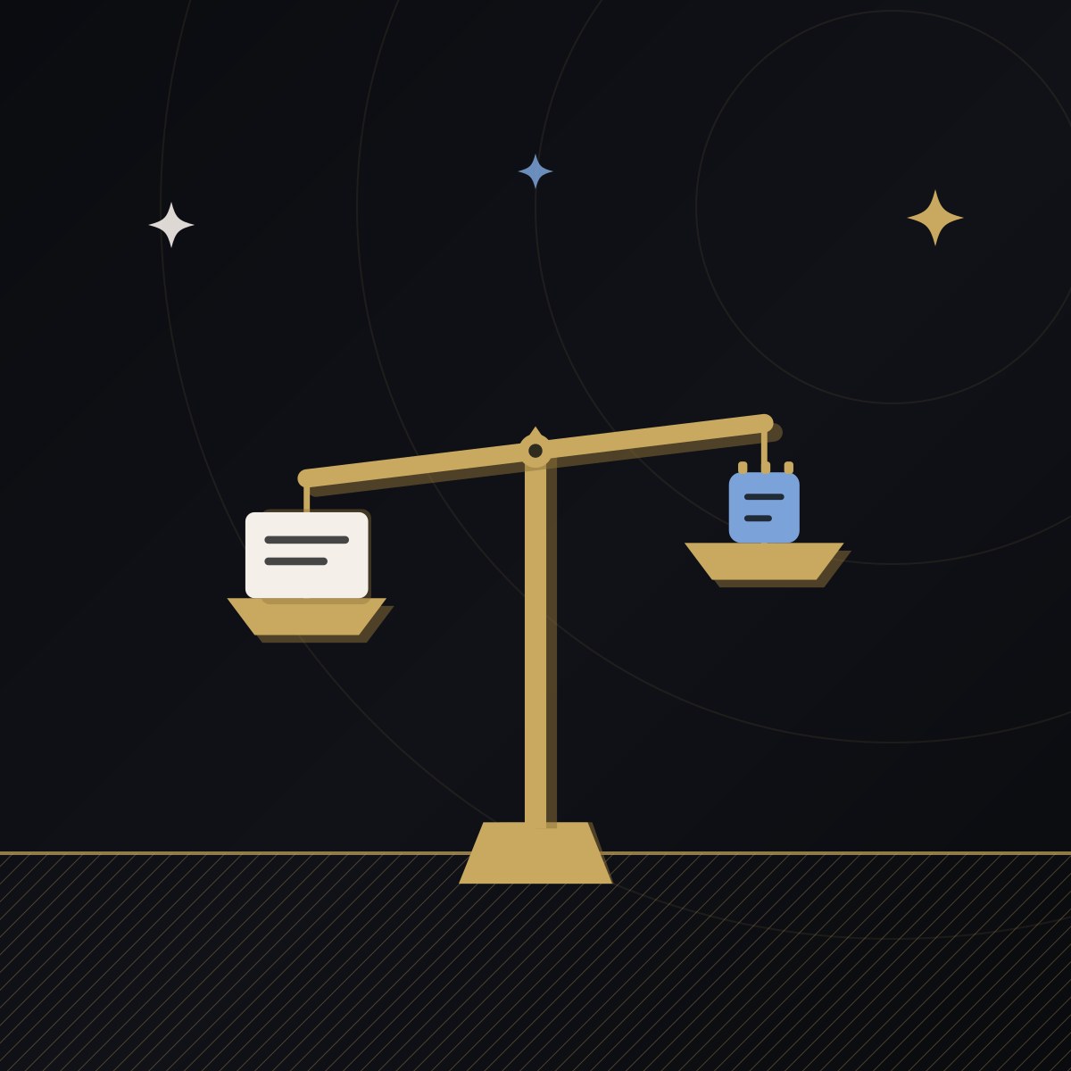 A gold balance weighing a small blue chip against a heavier cream block of records, on a midnight ground.
